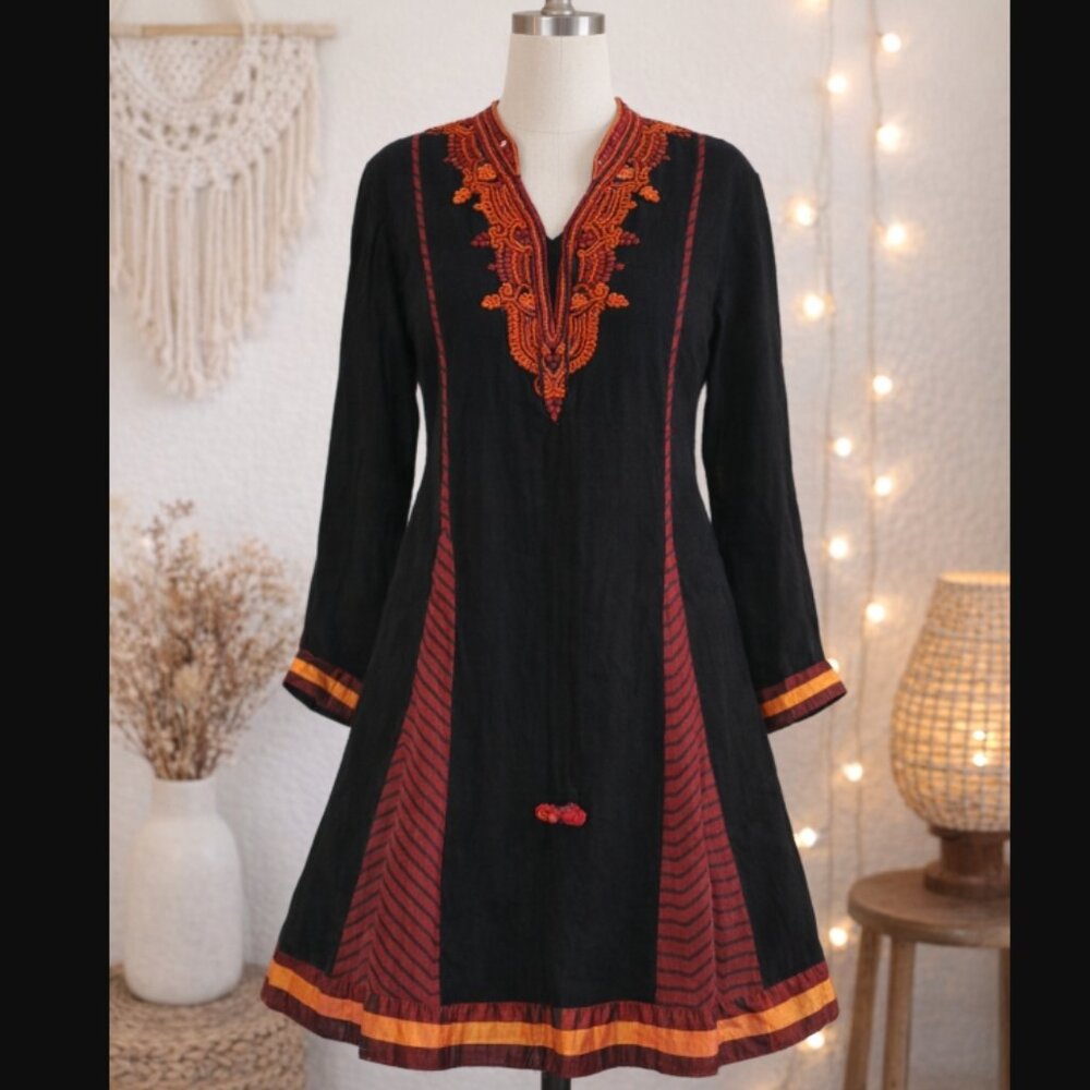Vintage Beaded Artisan Kurti Dress S Whimsigoth Festival Boho Art to Wear Black